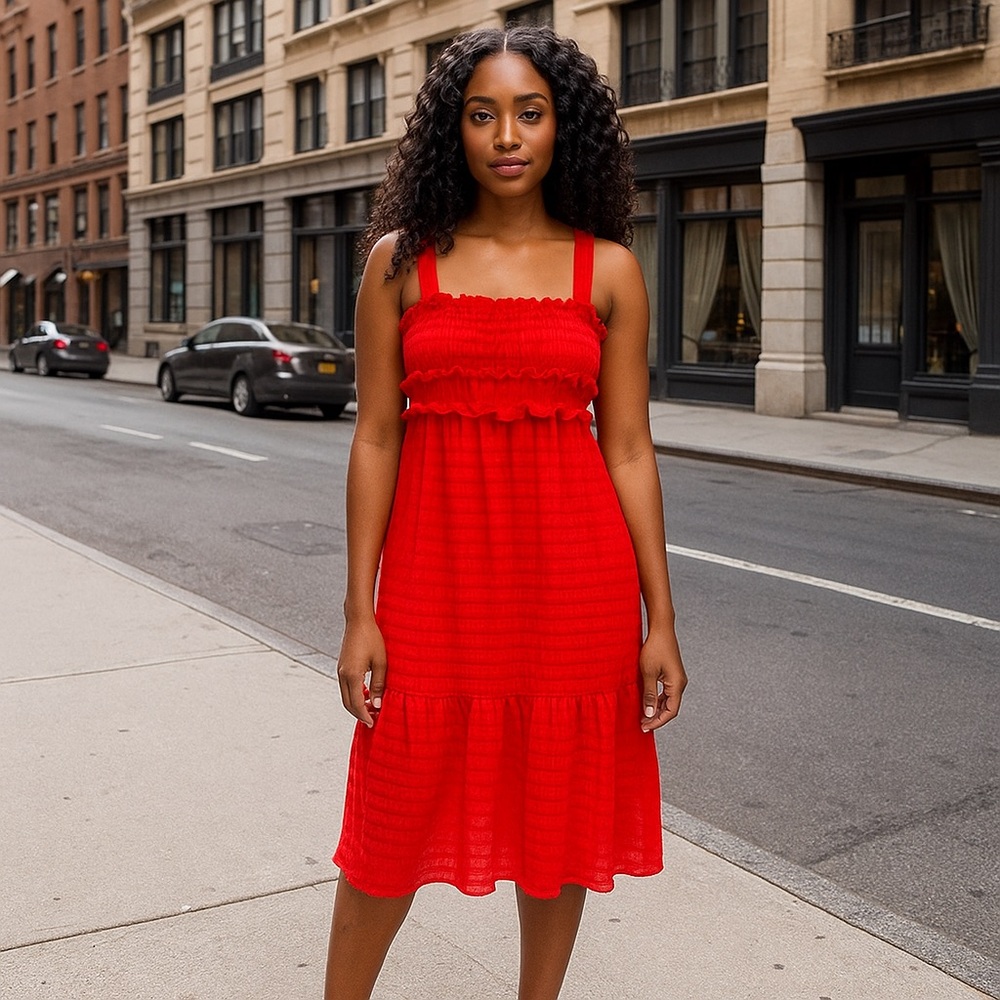 Gianni Bini Red Ruffle Snyder Fit & Flare Midi Ruffle Chiffon Dress NWOT Size S - Picture 1 of 9